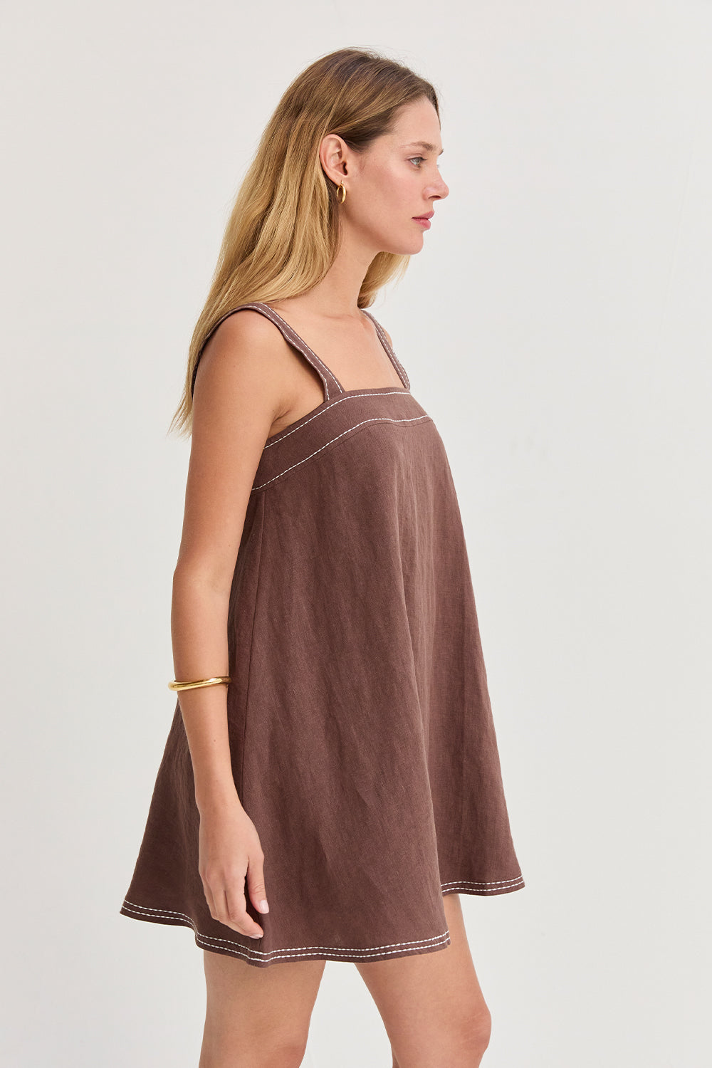 Jael Contrast Stitch Square Neck Linen Mini Dress