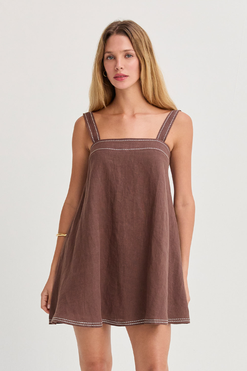 Jael Contrast Stitch Square Neck Linen Mini Dress