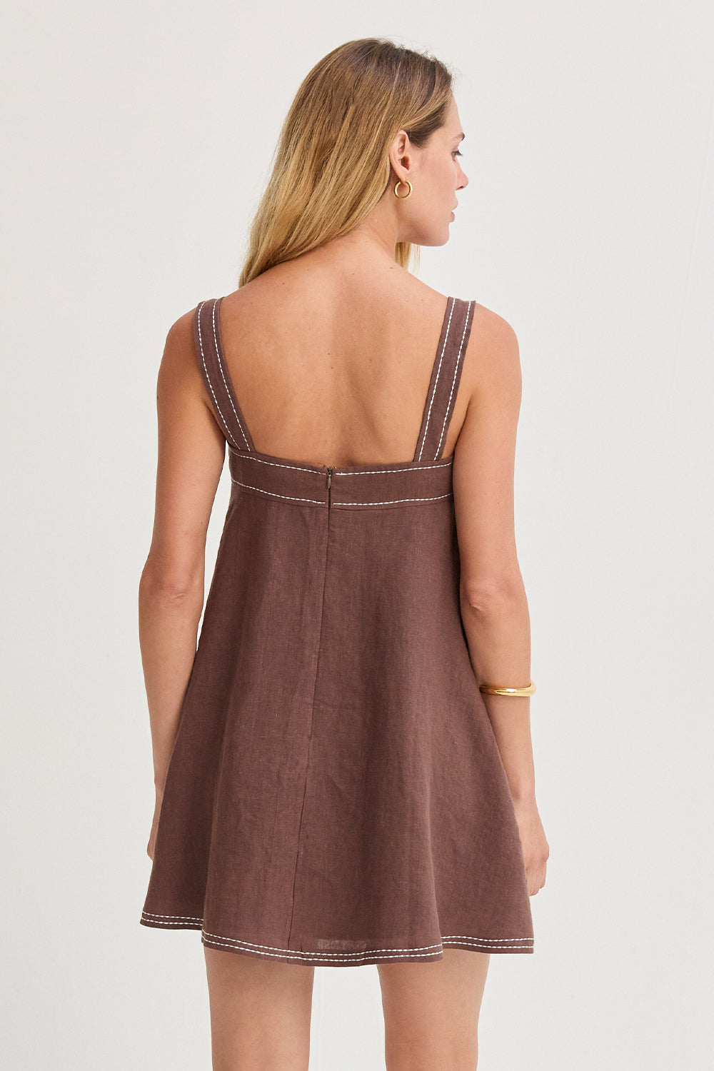 Jael Contrast Stitch Square Neck Linen Mini Dress