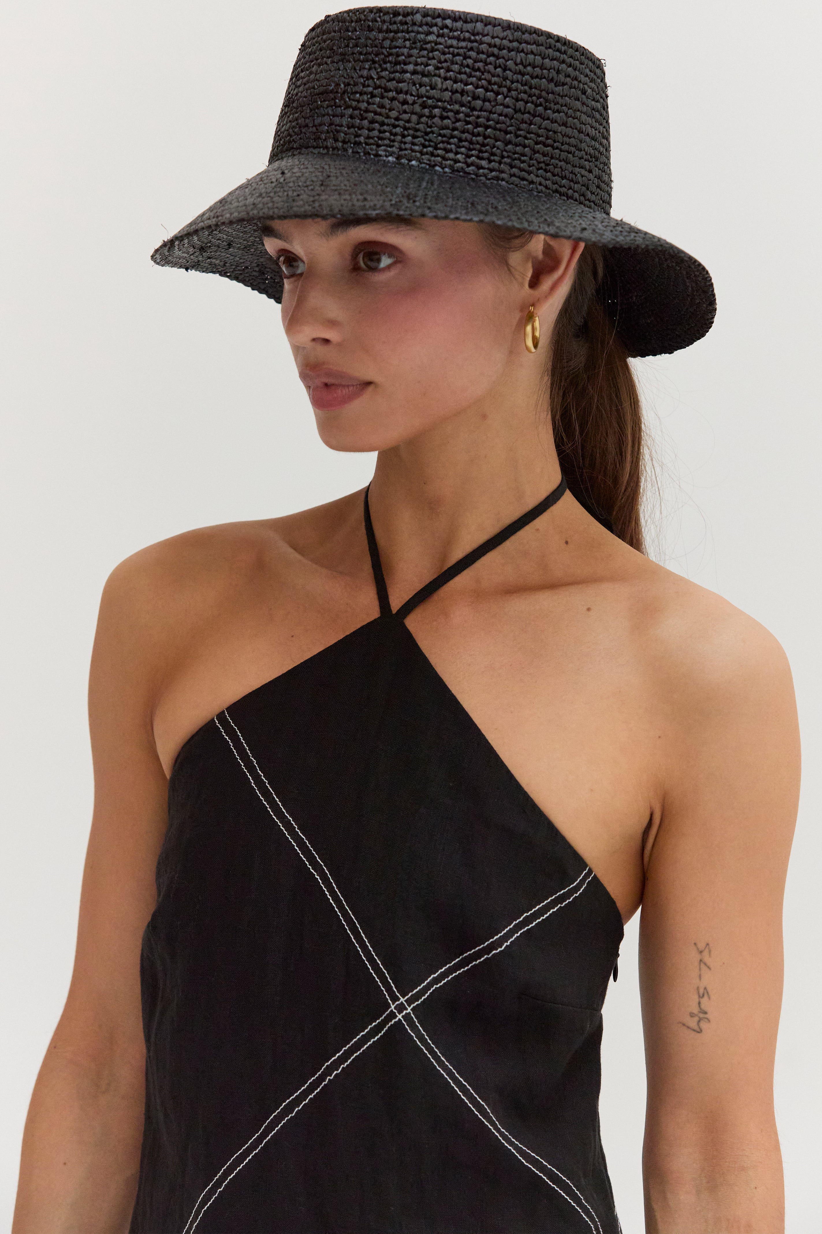 Lena Contrast Stitch Halter Linen Mini Dress